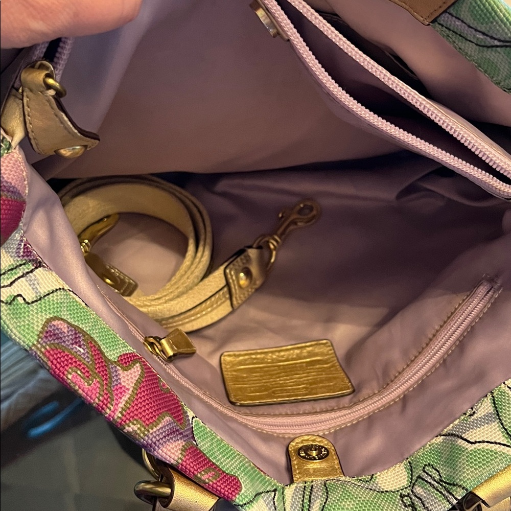 Coach Floral Tote in Green, Pink & Gold Accents - Picture 7 of 12